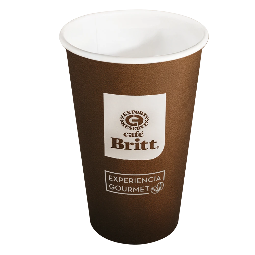 16 oz brown paper cup with Cafe Britt logo on a white background