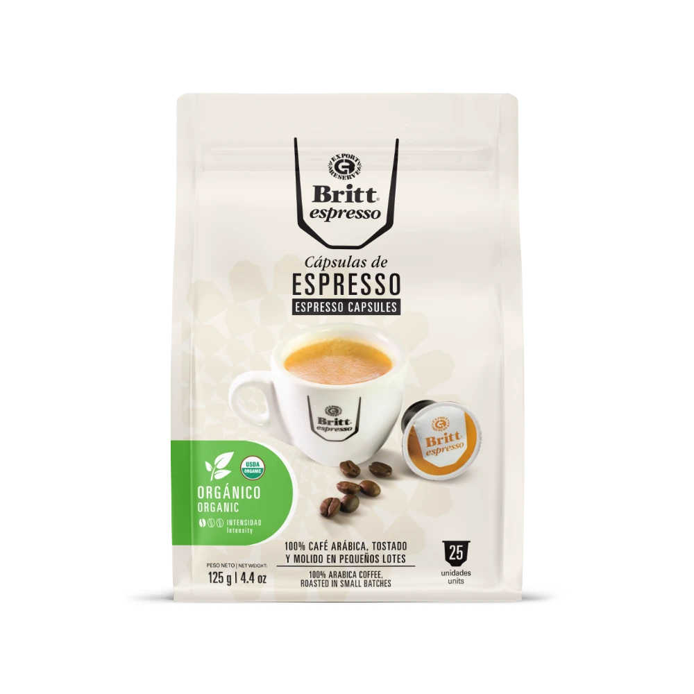 Packaging of Britt Espresso capsules with a cup and beans illustration on a white background