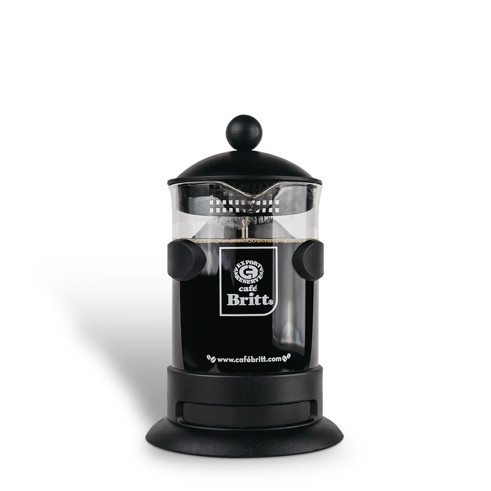 Black French press with Cafe Britt logo on a white background