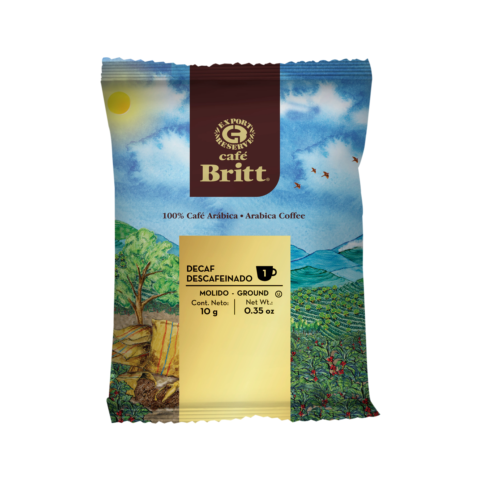 Café Britt Decaf coffee package on a white background
