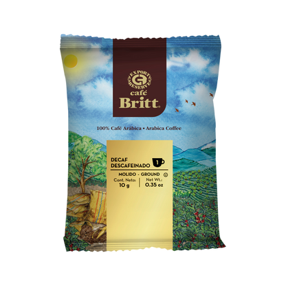 Café Britt Decaf coffee package on a white background