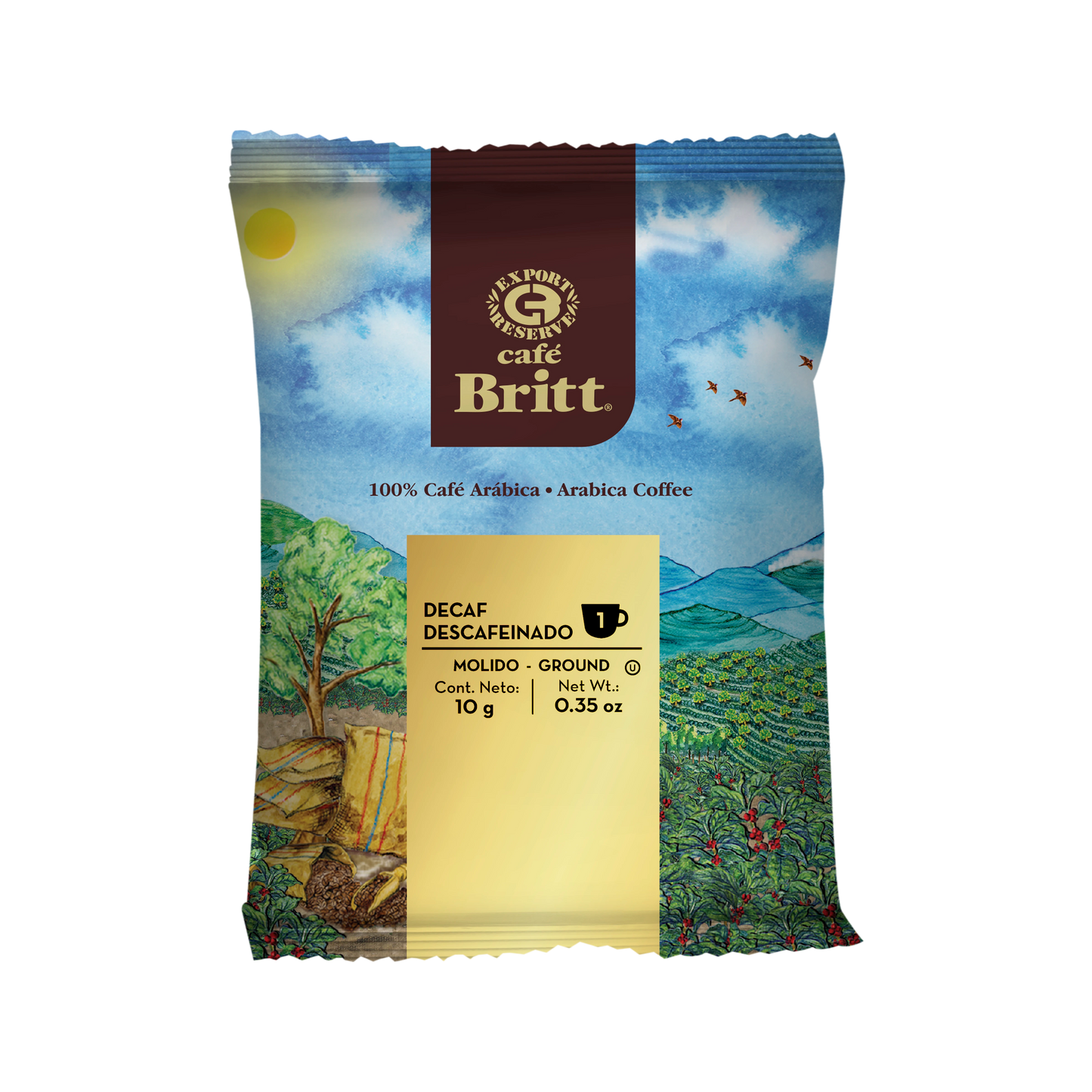 Café Britt Decaf coffee package on a white background