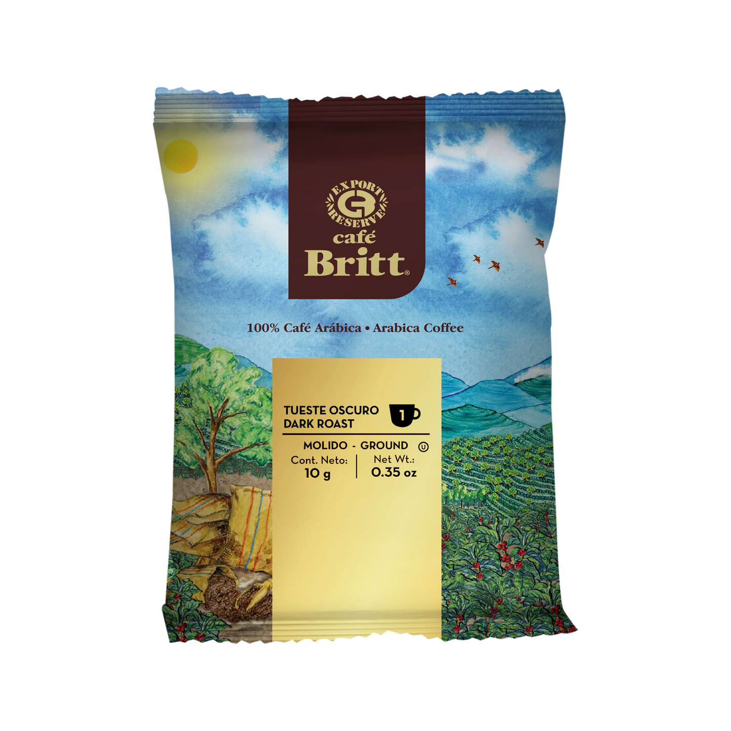 Café Britt Dark Roast coffee package on a white background