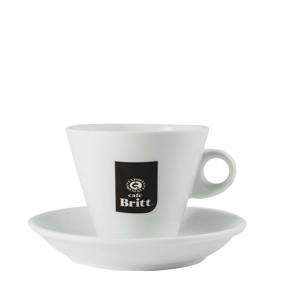 White coffee cup and saucer with a Cafe Britt logo on a white background