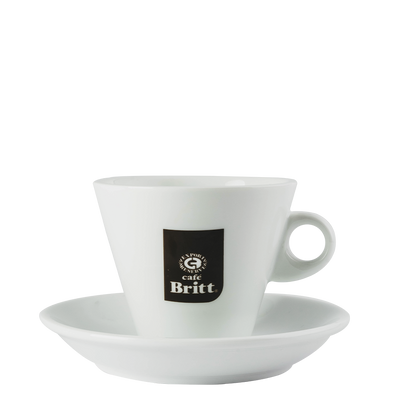 White coffee cup and saucer with a Cafe Britt logo on a white background