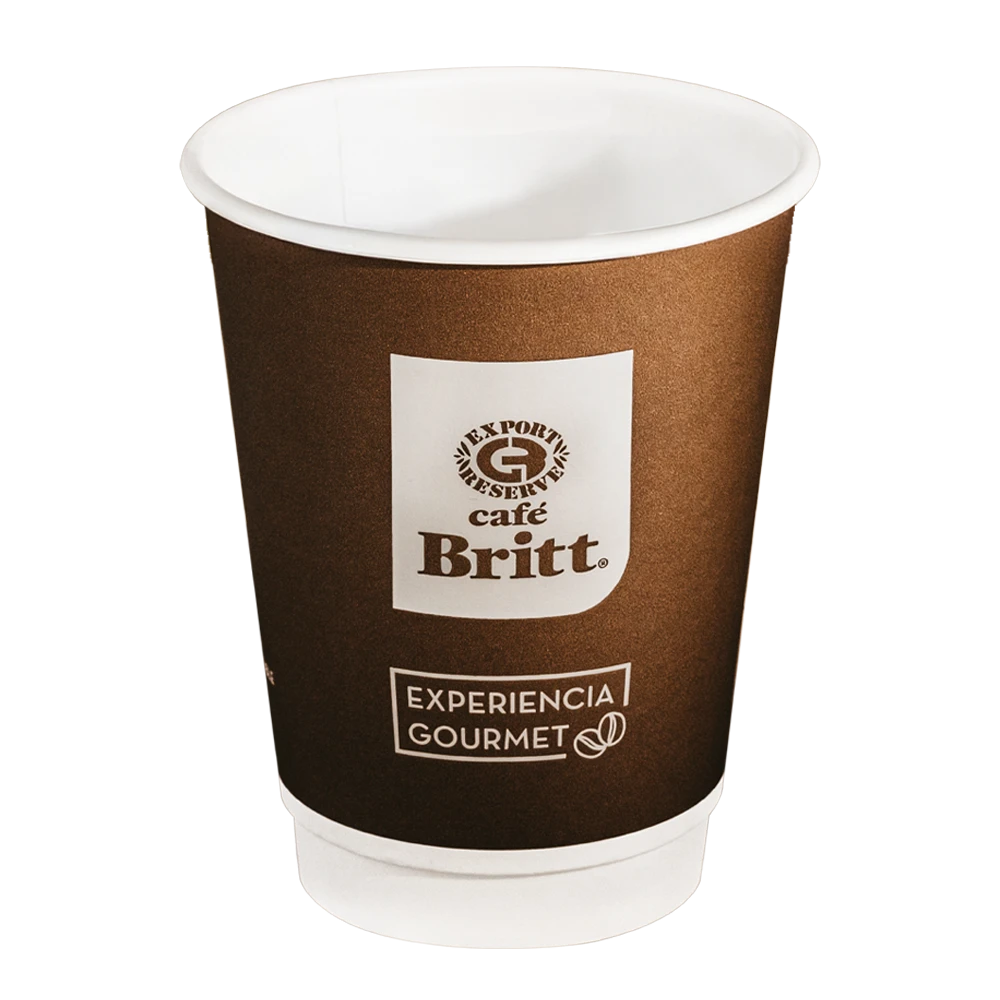 12 oz brown paper cup with Cafe Britt logo on a white background