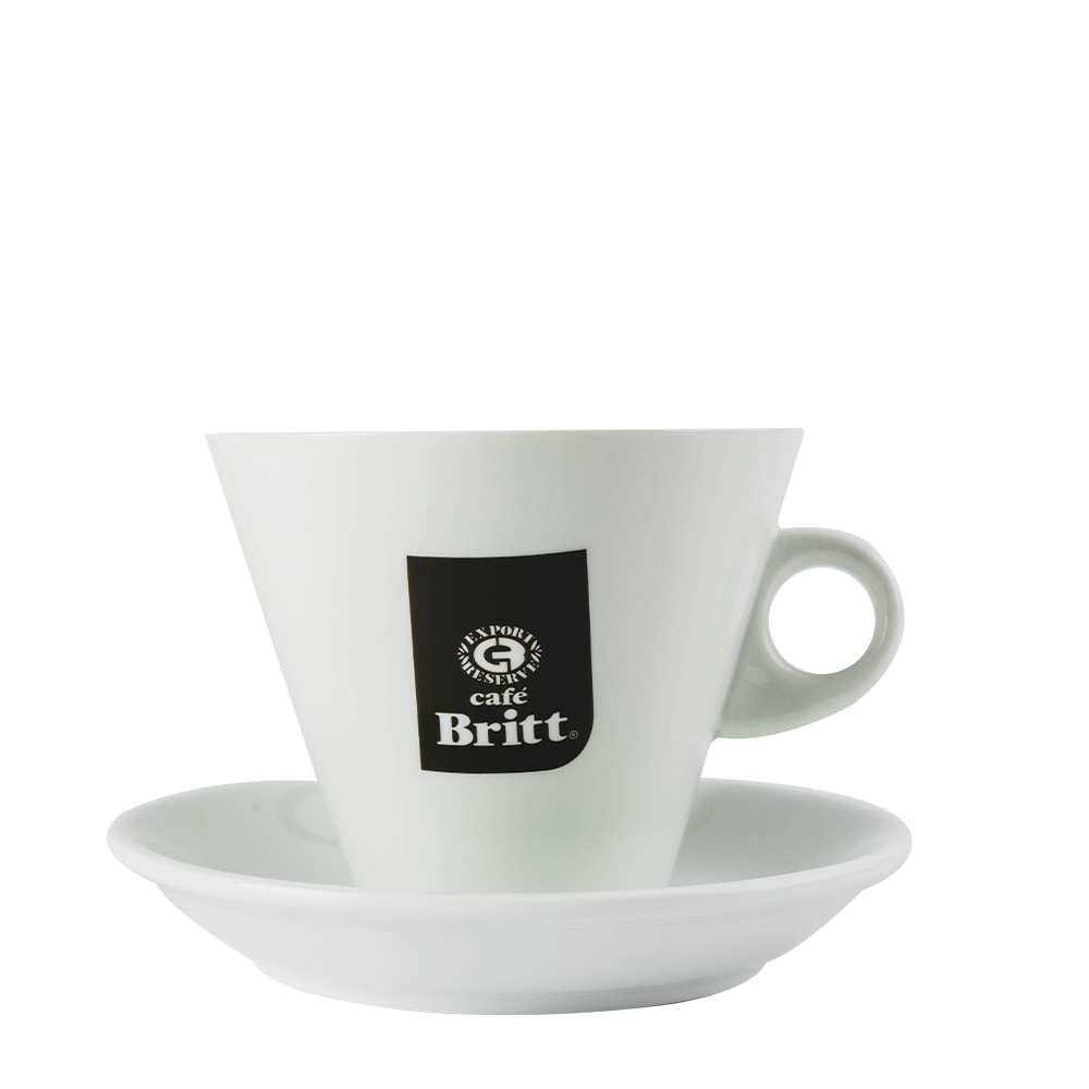White coffee cup and saucer with a Cafe Britt logo on a white background