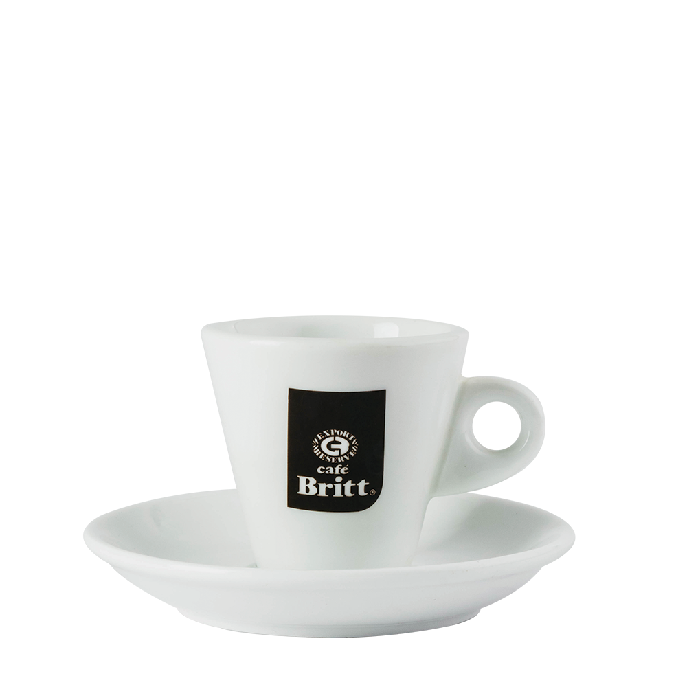 White coffee cup and saucer with Cafe Britt logo on a white background