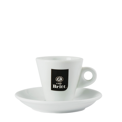 White coffee cup and saucer with Cafe Britt logo on a white background