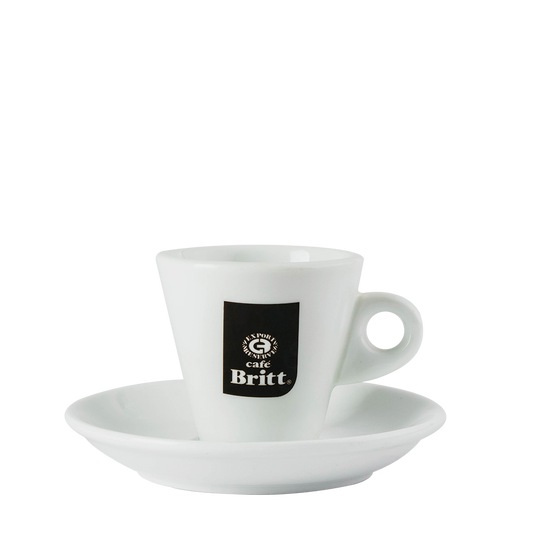 White coffee cup and saucer with Cafe Britt logo on a white background