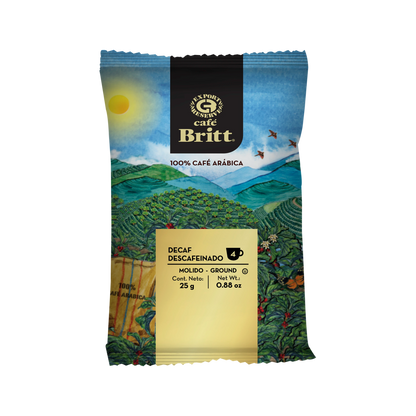 Café Britt Decaf coffee package on a white background