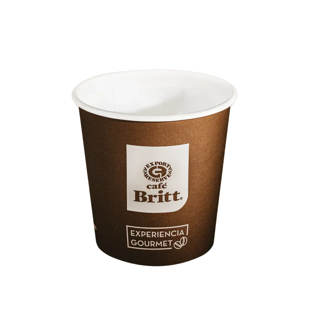 4 oz brown paper cup with 'cafe Britt' logo on a white background