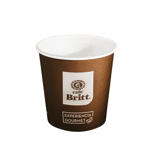 4 oz brown paper cup with 'cafe Britt' logo on a white background
