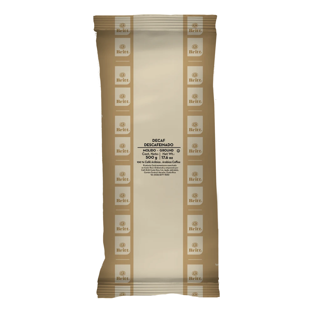 Café Britt Decaf coffee package on a white background