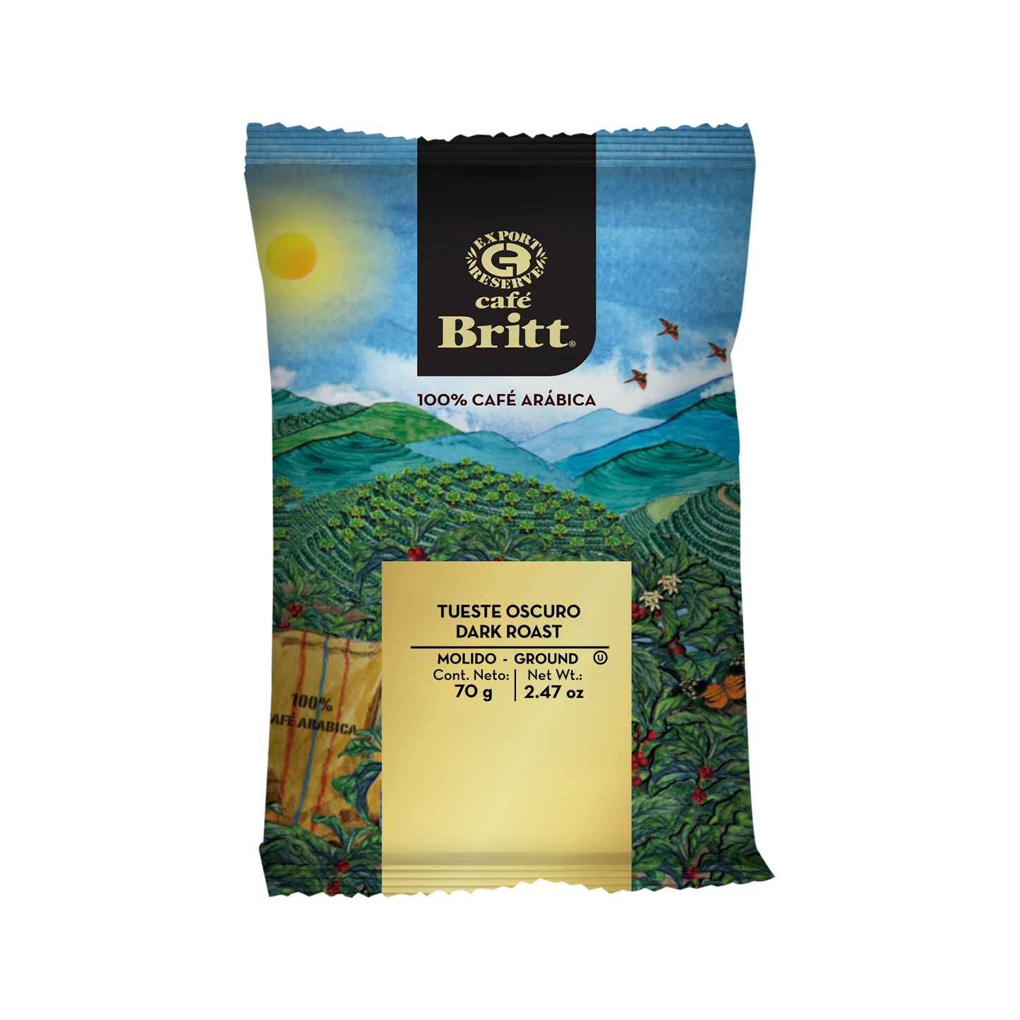 Café Britt Dark Roast coffee package on a white background