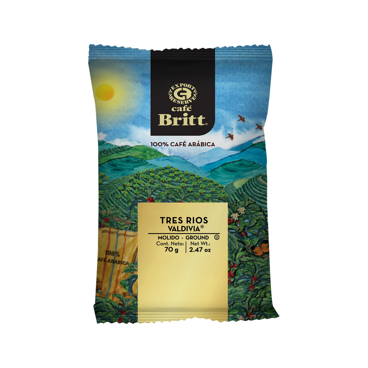 Cafe Britt Tres Rios Valdivia coffee package  on a white background