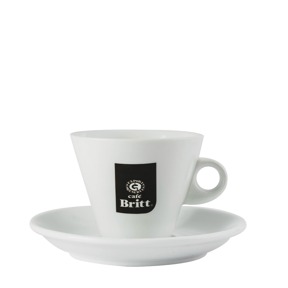 White coffee cup and saucer with 'Cafe Britt' logo on a white background
