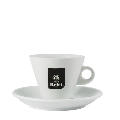 White coffee cup and saucer with 'Cafe Britt' logo on a white background