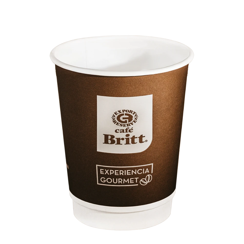 8 oz brown paper cup with Cafe Britt logo on a white background
