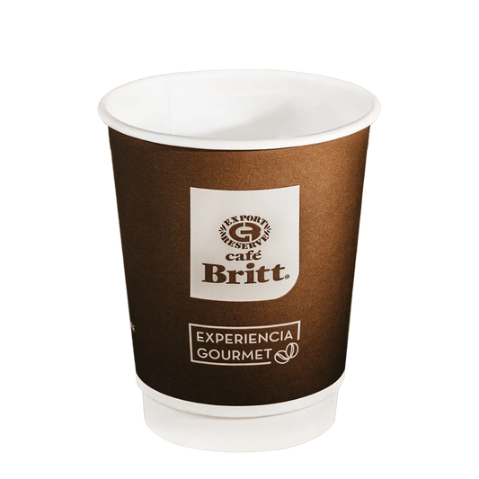 8 oz brown paper cup with Cafe Britt logo on a white background