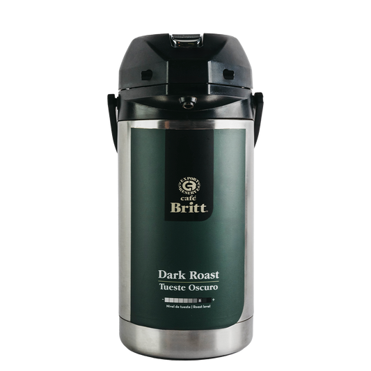 Café Britt dark roast coffee container on a white background