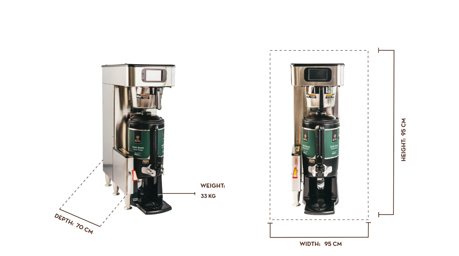 Coffee machine with dimensions and weight information on a white background