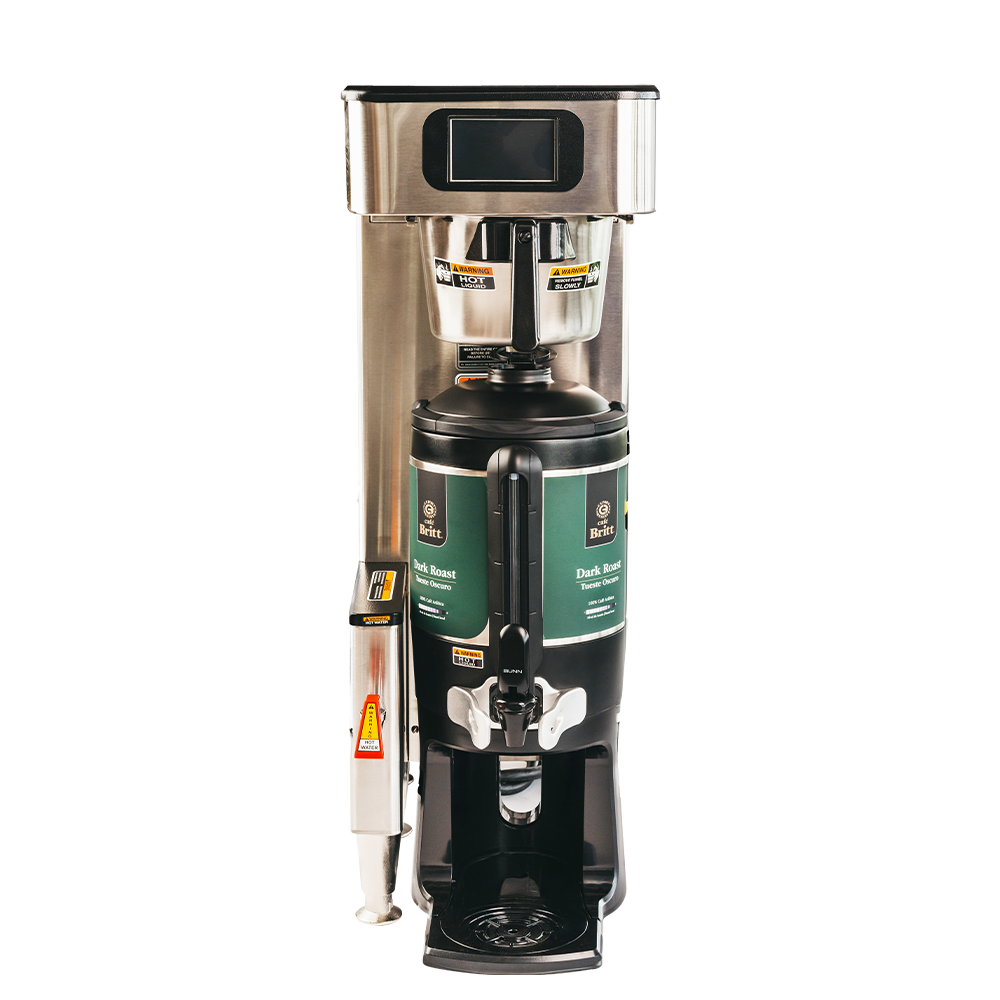 Coffee machine with a green label on a white background