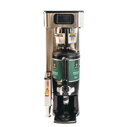Coffee machine with a green label on a white background