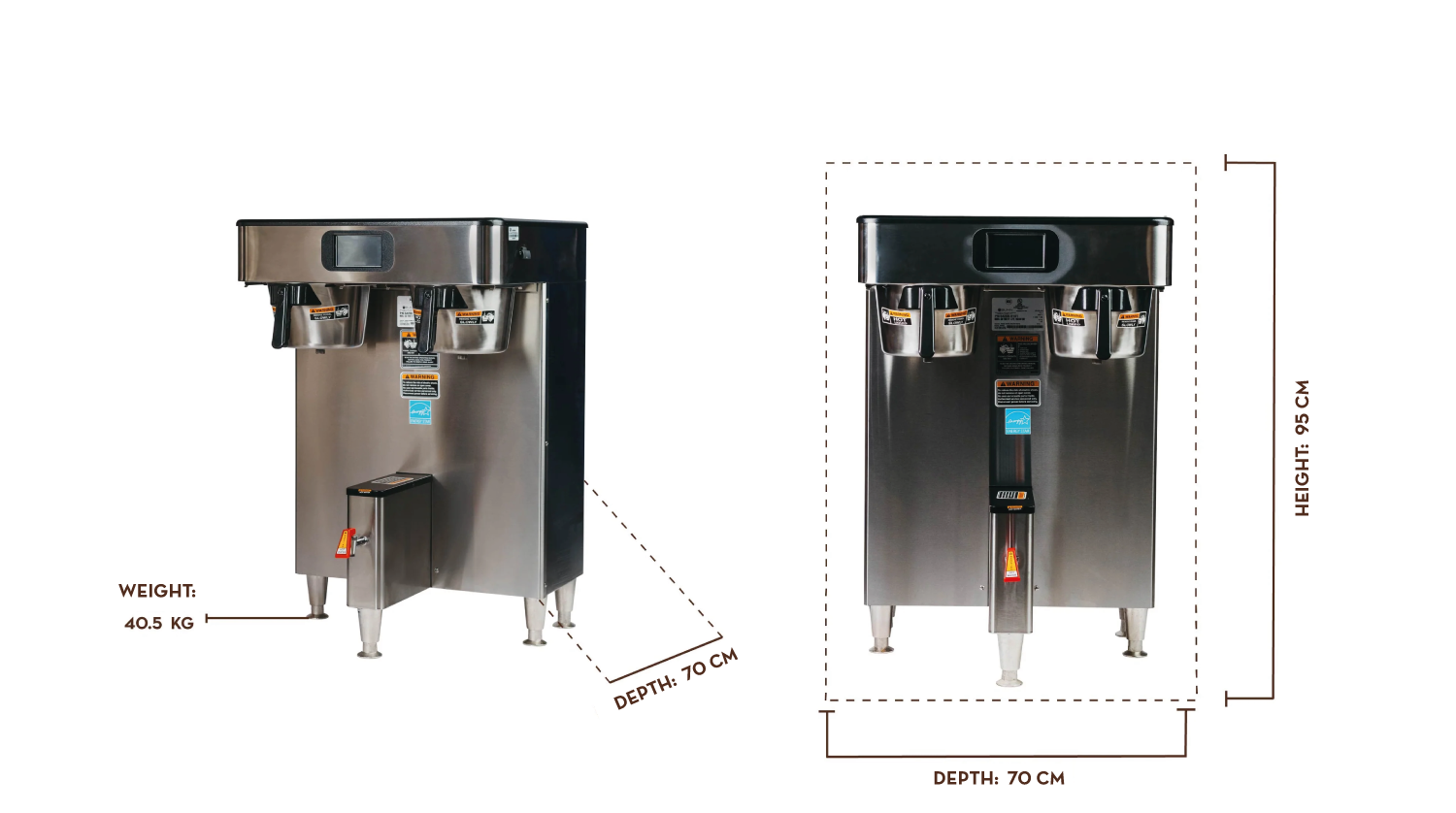 Coffee machine with dimensions and weight details on a white background