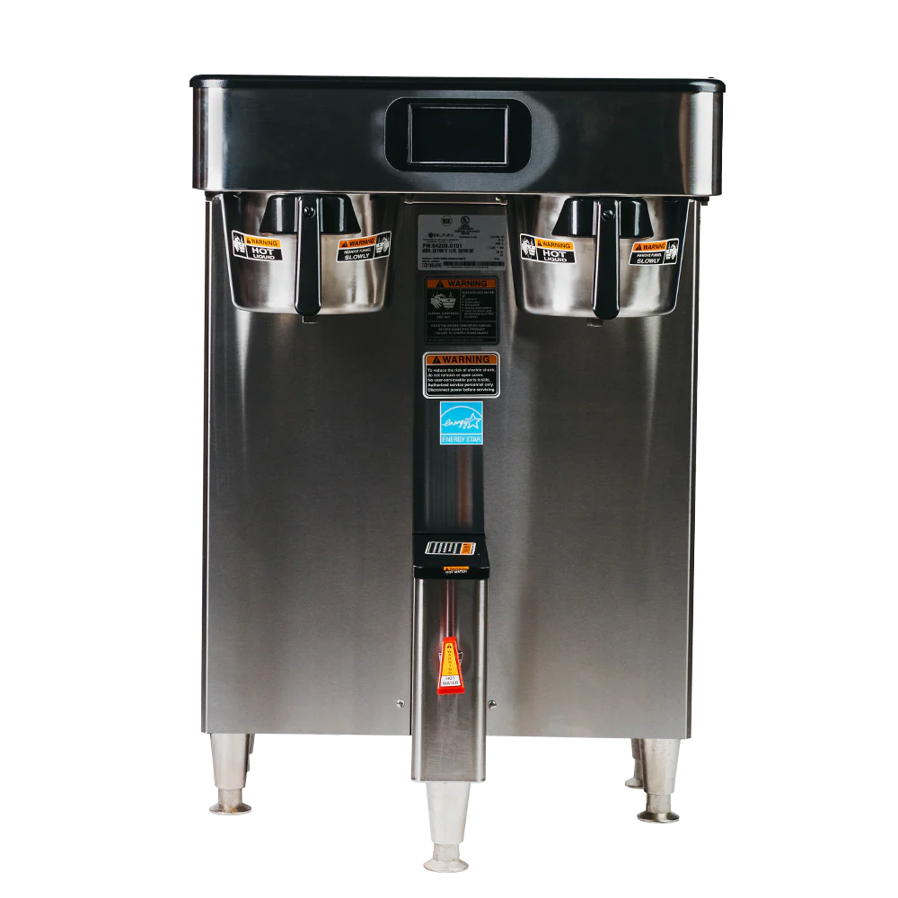 Stainless steel coffee machine with dual spouts on a white background