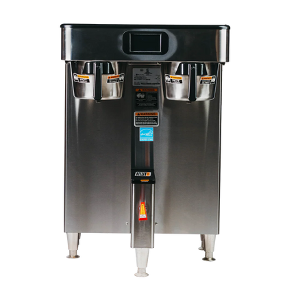 Stainless steel coffee machine with dual spouts on a white background