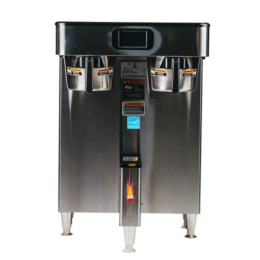Stainless steel coffee machine with dual spouts on a white background