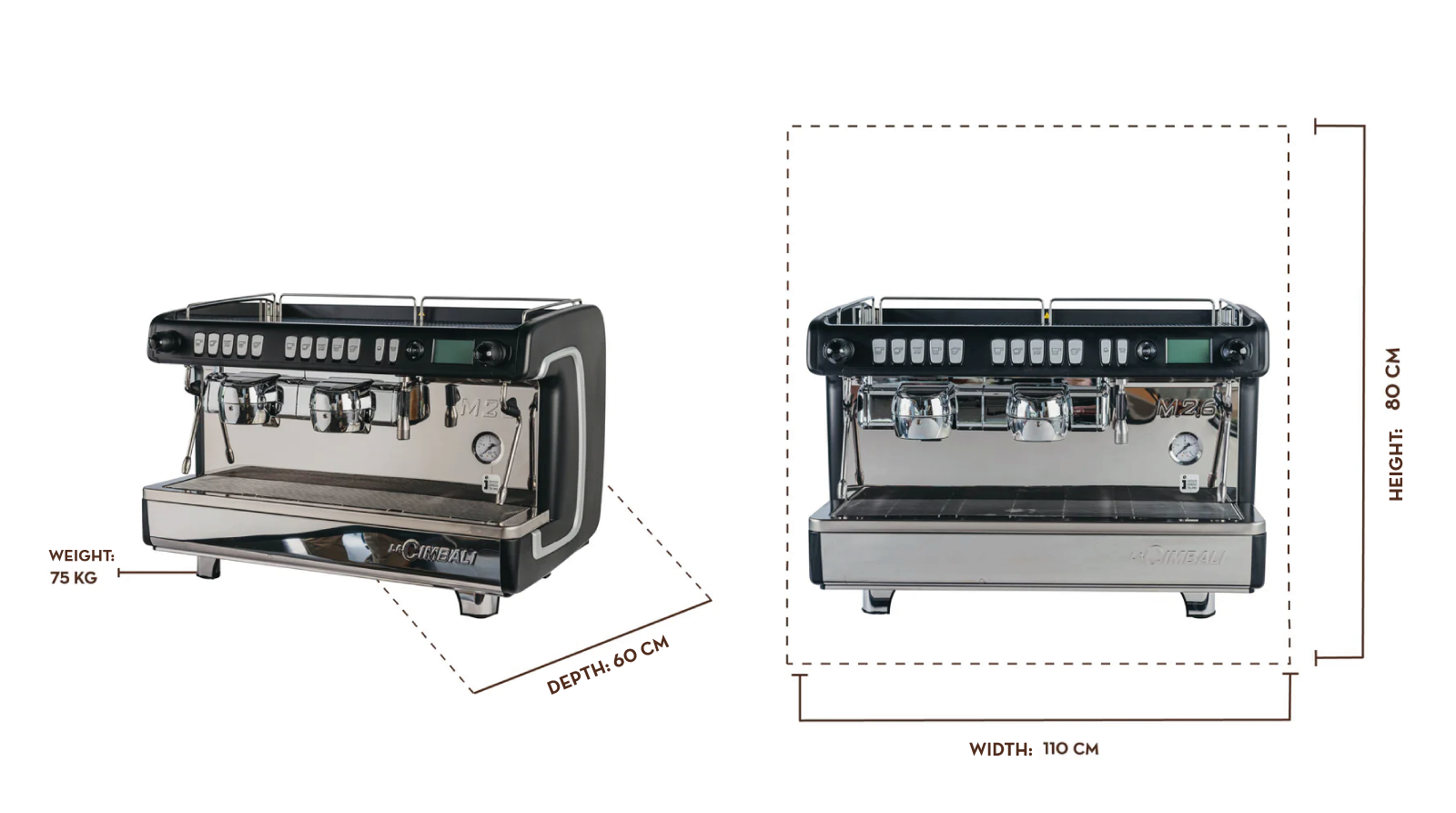 Measurement chart of a coffee machine with dimensions on a white background