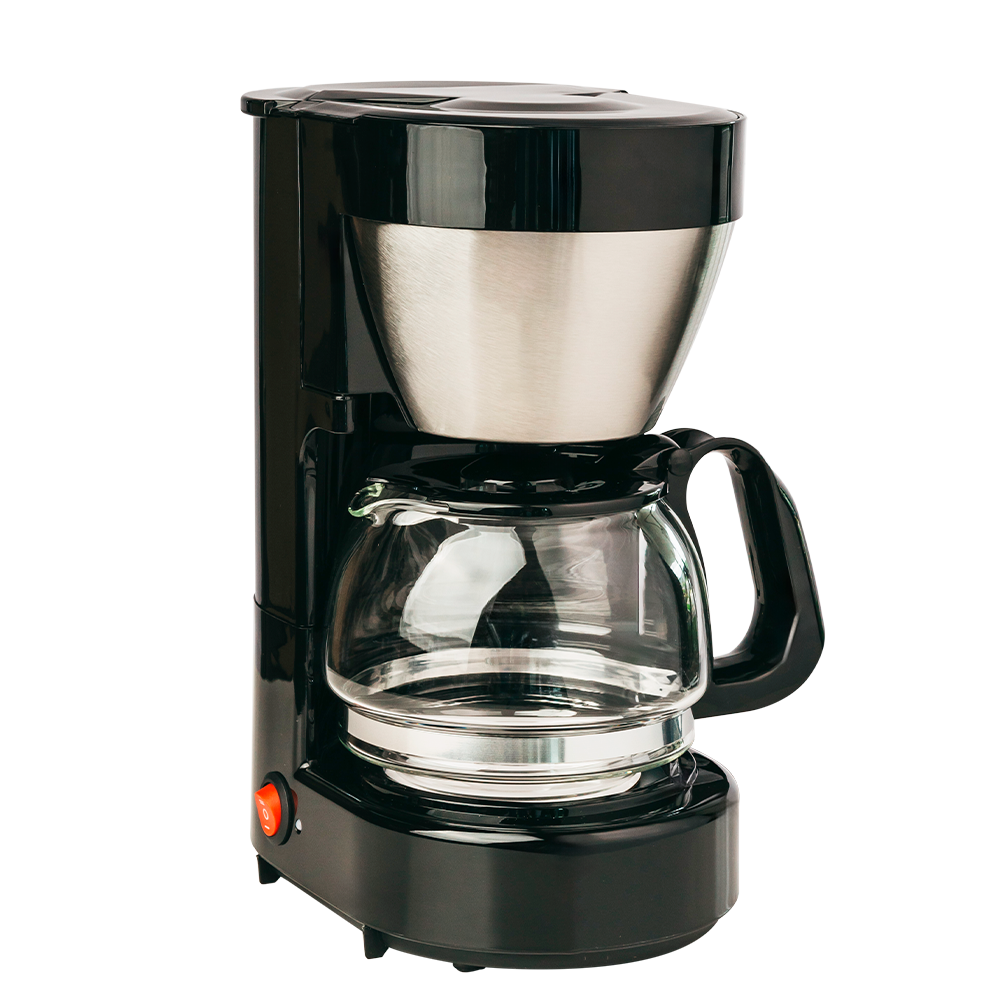 Black and silver coffee maker on a white background