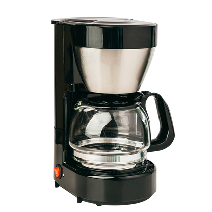 Black and silver coffee maker on a white background