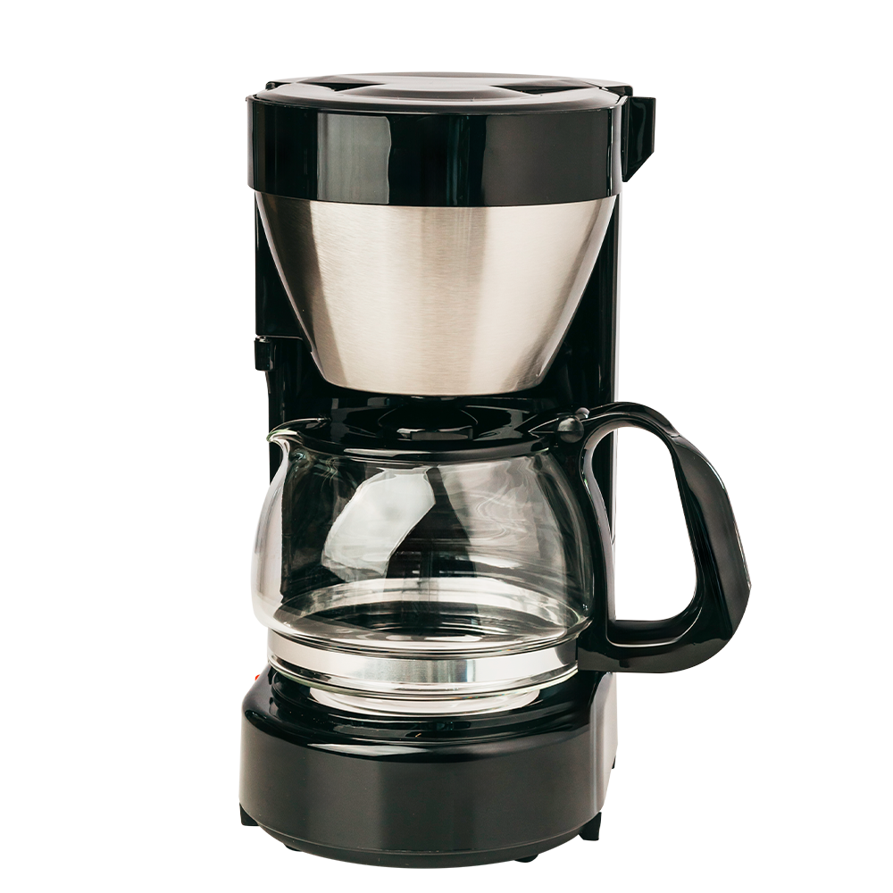 Black and silver coffee maker on a white background