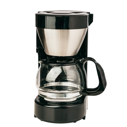 Black and silver coffee maker on a white background