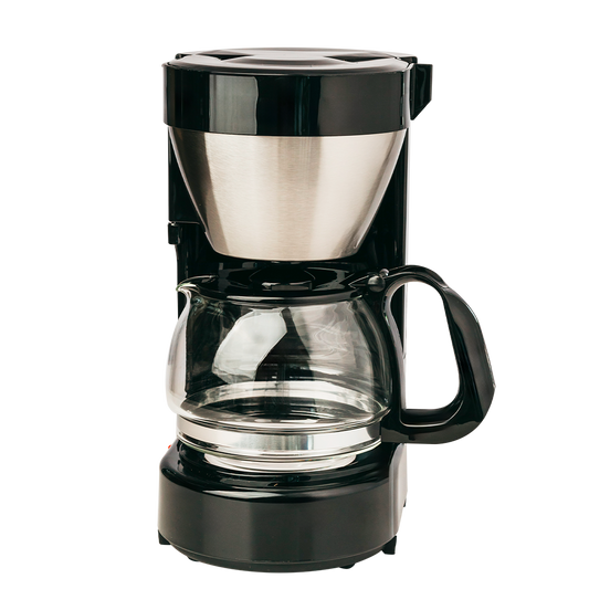 Black and silver coffee maker on a white background
