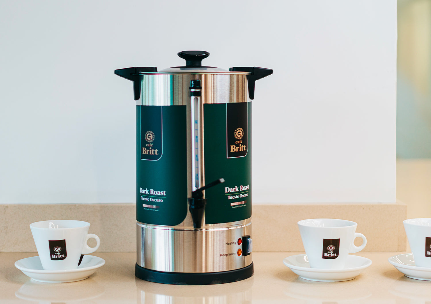 Café Britt commercial percolator for serving gourmet Costa Rican coffee.