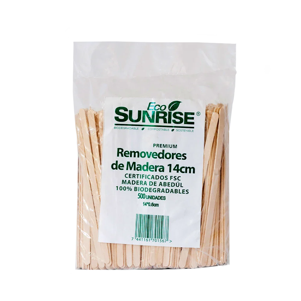 Pack of wooden sticks with Eco Sunrise branding on a white background