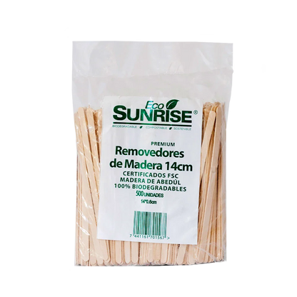 Pack of wooden sticks with Eco Sunrise branding on a white background