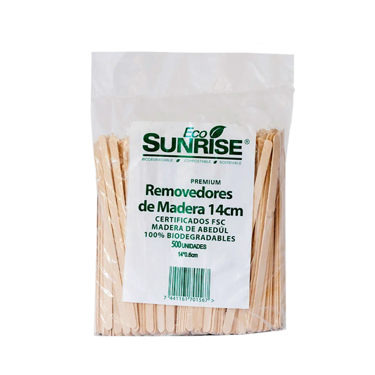 Pack of wooden sticks with Eco Sunrise branding on a white background