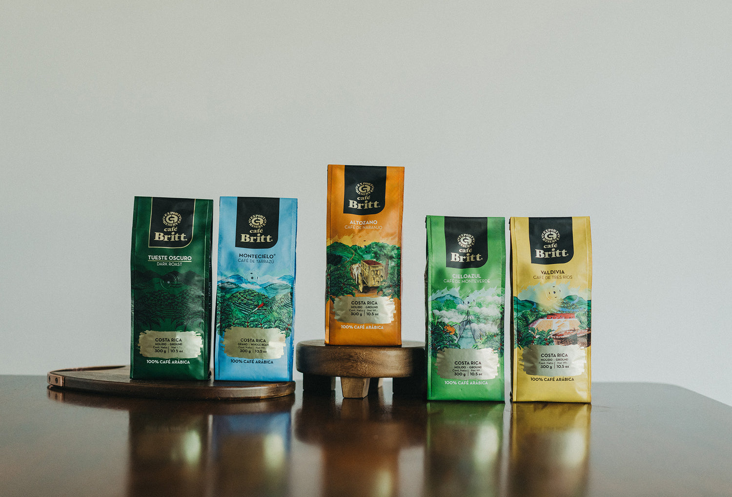 5 Cafe Brit Coffee bags from different regions. 