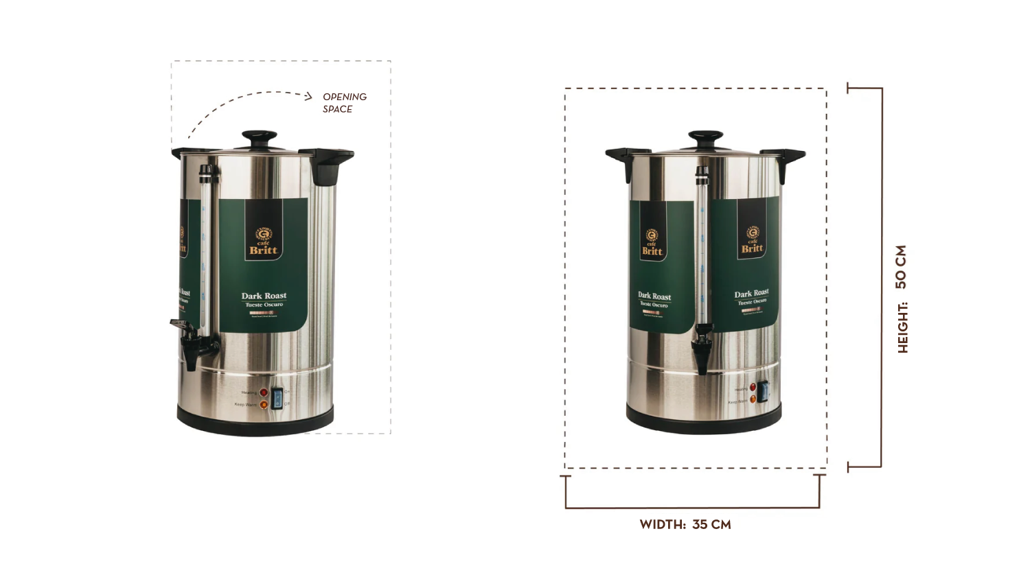 Coffee urn with dimensions on a white background