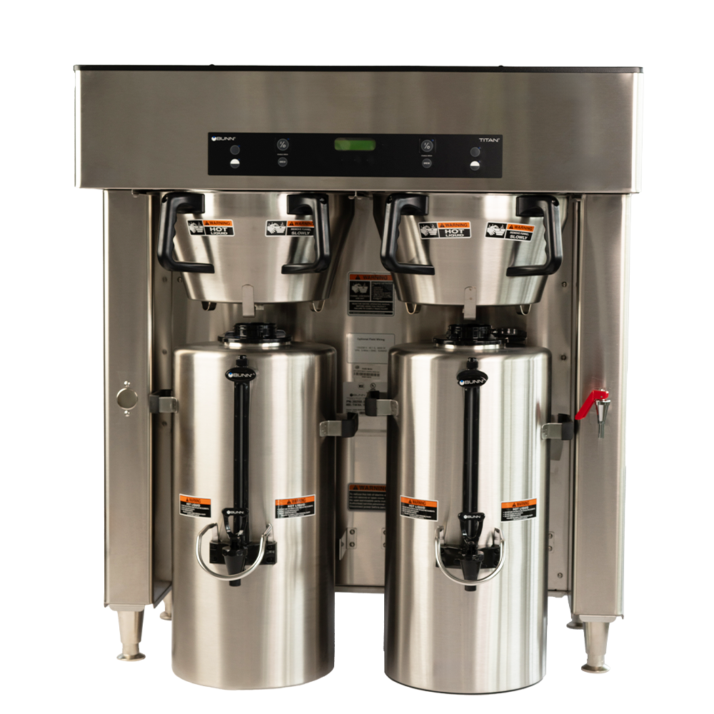 Stainless steel coffee brewing machine with two compartments on a white background