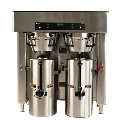 Stainless steel coffee brewing machine with two compartments on a white background