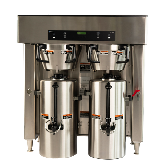 Stainless steel coffee brewing machine with two compartments on a white background