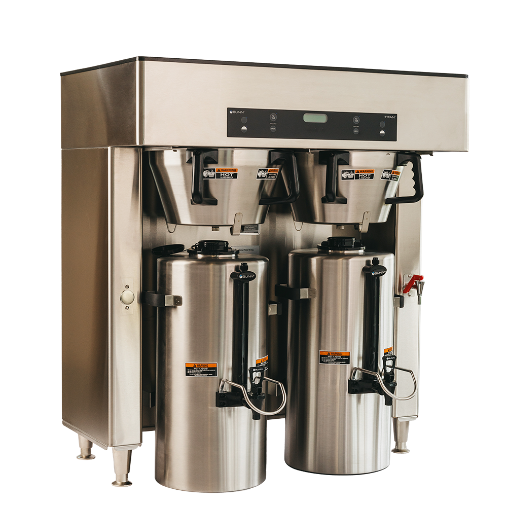 Commercial coffee machine with three brewing pots on a white background