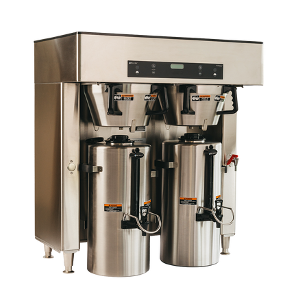 Commercial coffee machine with three brewing pots on a white background