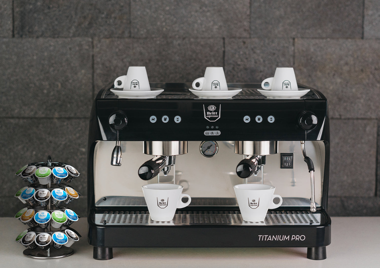 Titanium Pro commercial espresso machine for Café Britt gourmet Costa Rican coffee.
